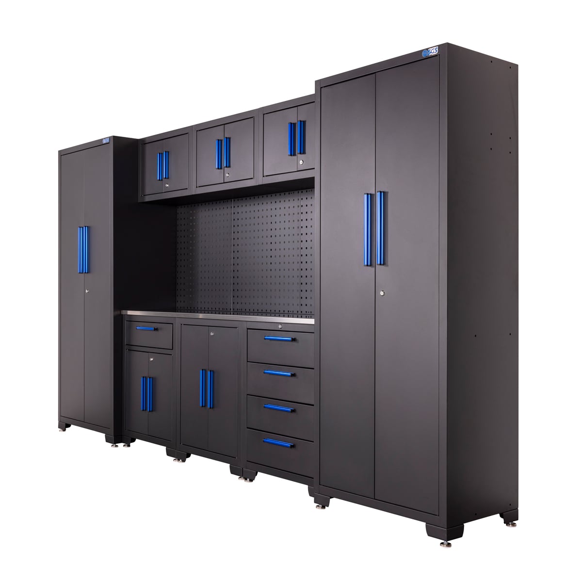 SGS 9pc Garage Storage System with Pegboard | Stainless Steel Worktop | 3x Floor Cabinets | 3x Upper Cabinets | 2x Tall Double Side Cabinets